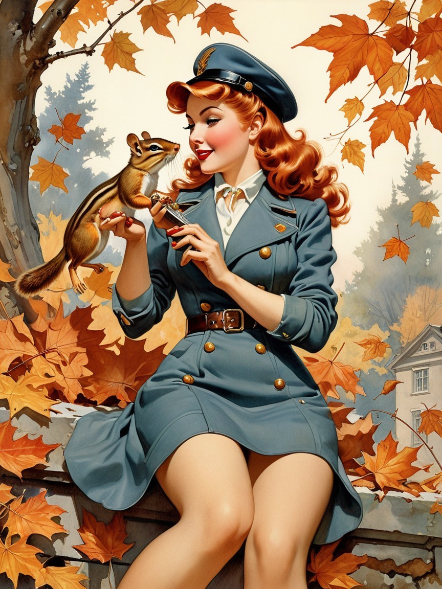 Vintage Woman in Blue Uniform Surrounded by Autumn Leaves