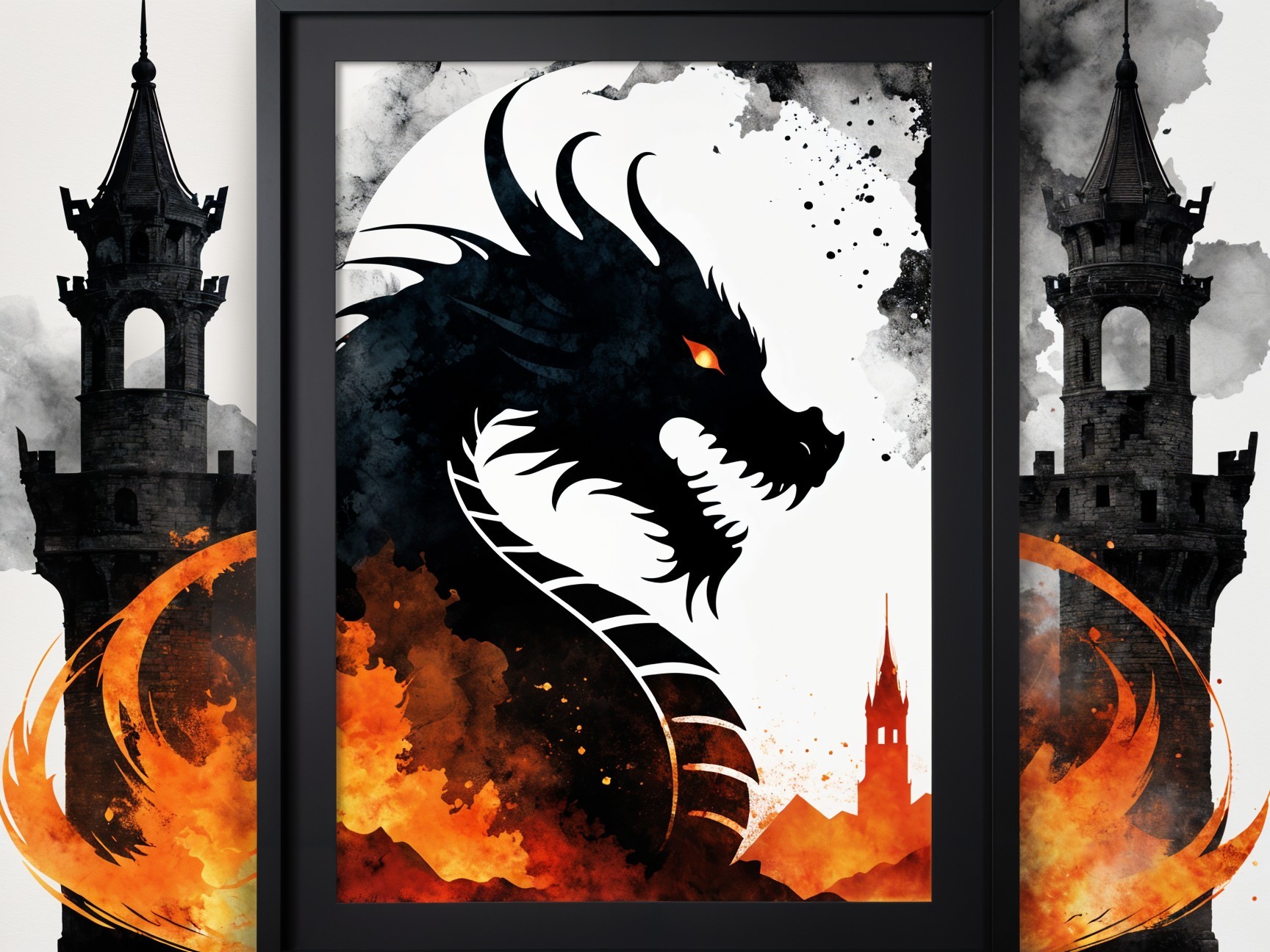 Dragon Silhouette with Medieval Towers in Fiery Scene