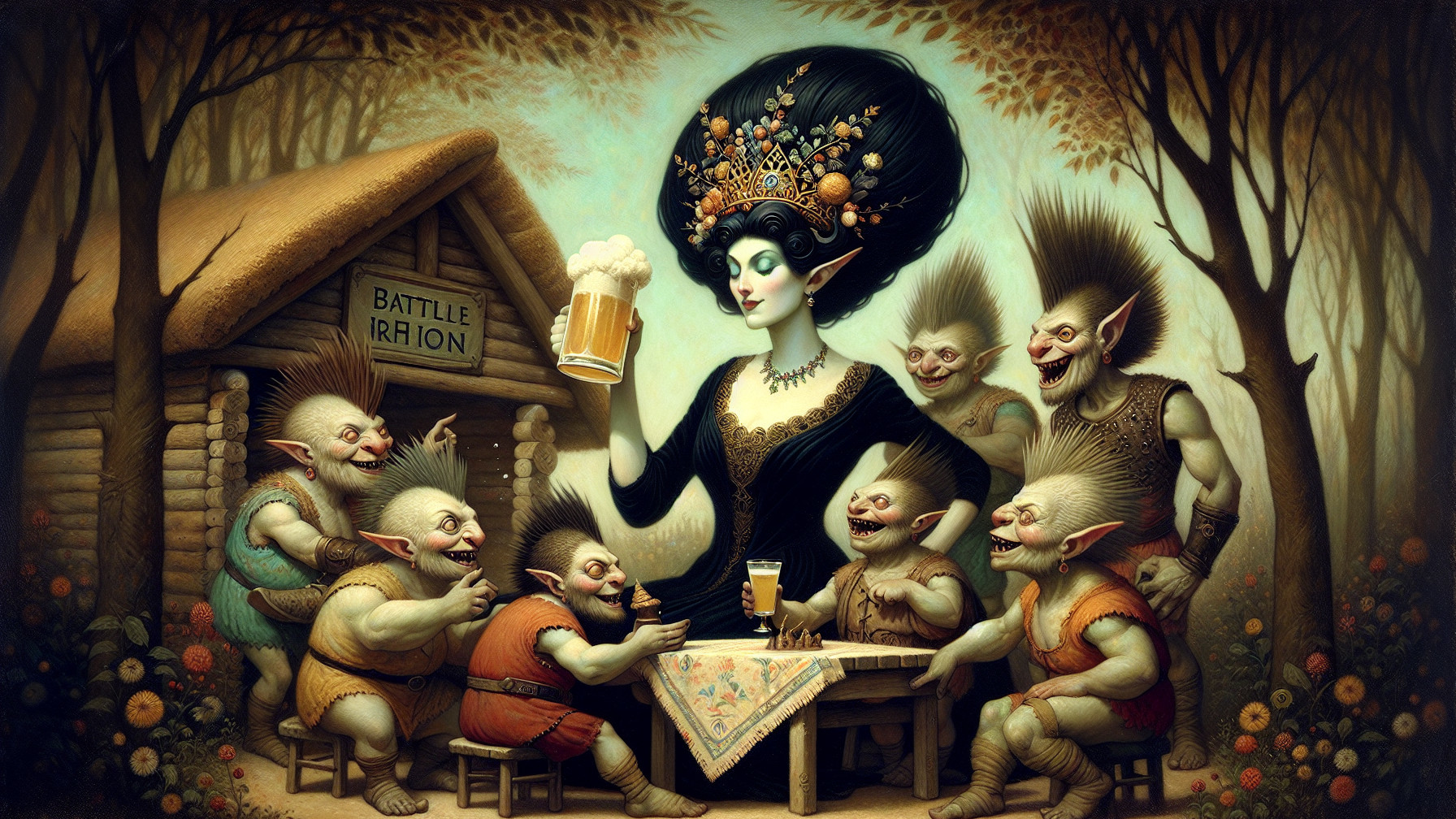 Whimsical Forest Scene with Elegant Woman and Goblins