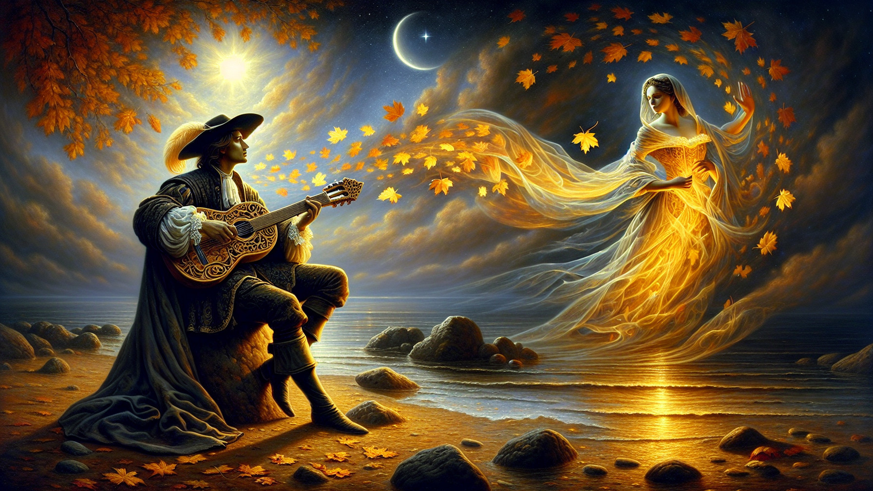 Musician on Rocky Shore with Ethereal Figure and Leaves