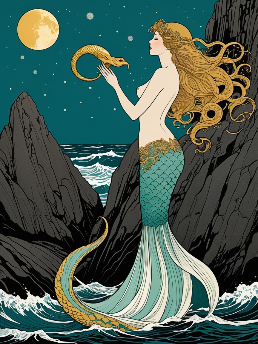 Mermaid with Golden Hair Amidst Ocean Waves and Rocks