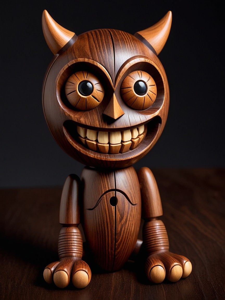 Whimsical Wooden Figurine with Cheerful Devilish Character