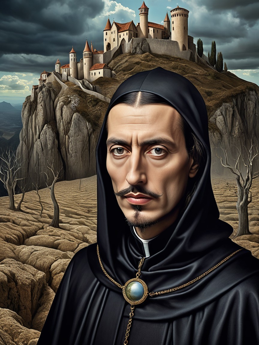 Solemn Figure in Cloak Against Dramatic Landscape