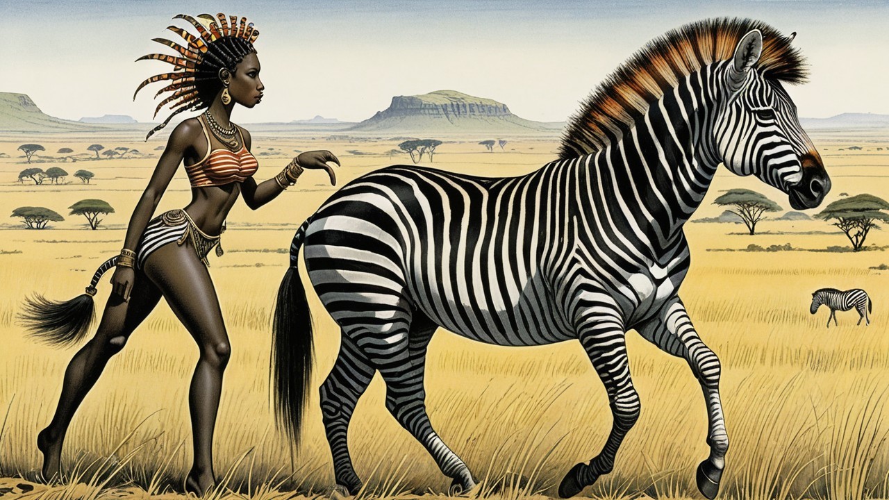 Golden Savanna Scene with Tribal Woman and Zebra