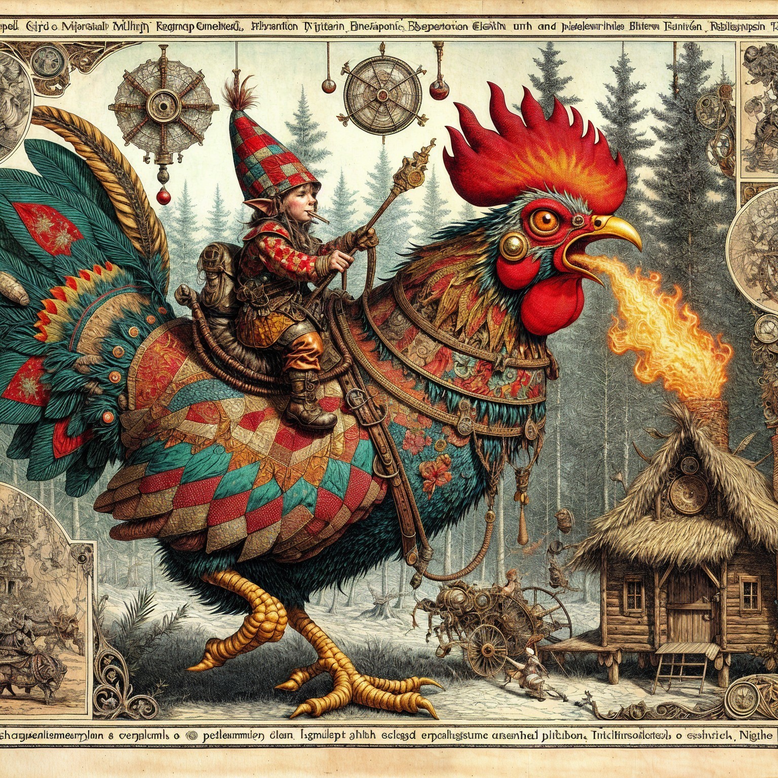 Whimsical Forest Scene with Gnome and Fire-Breathing Rooster