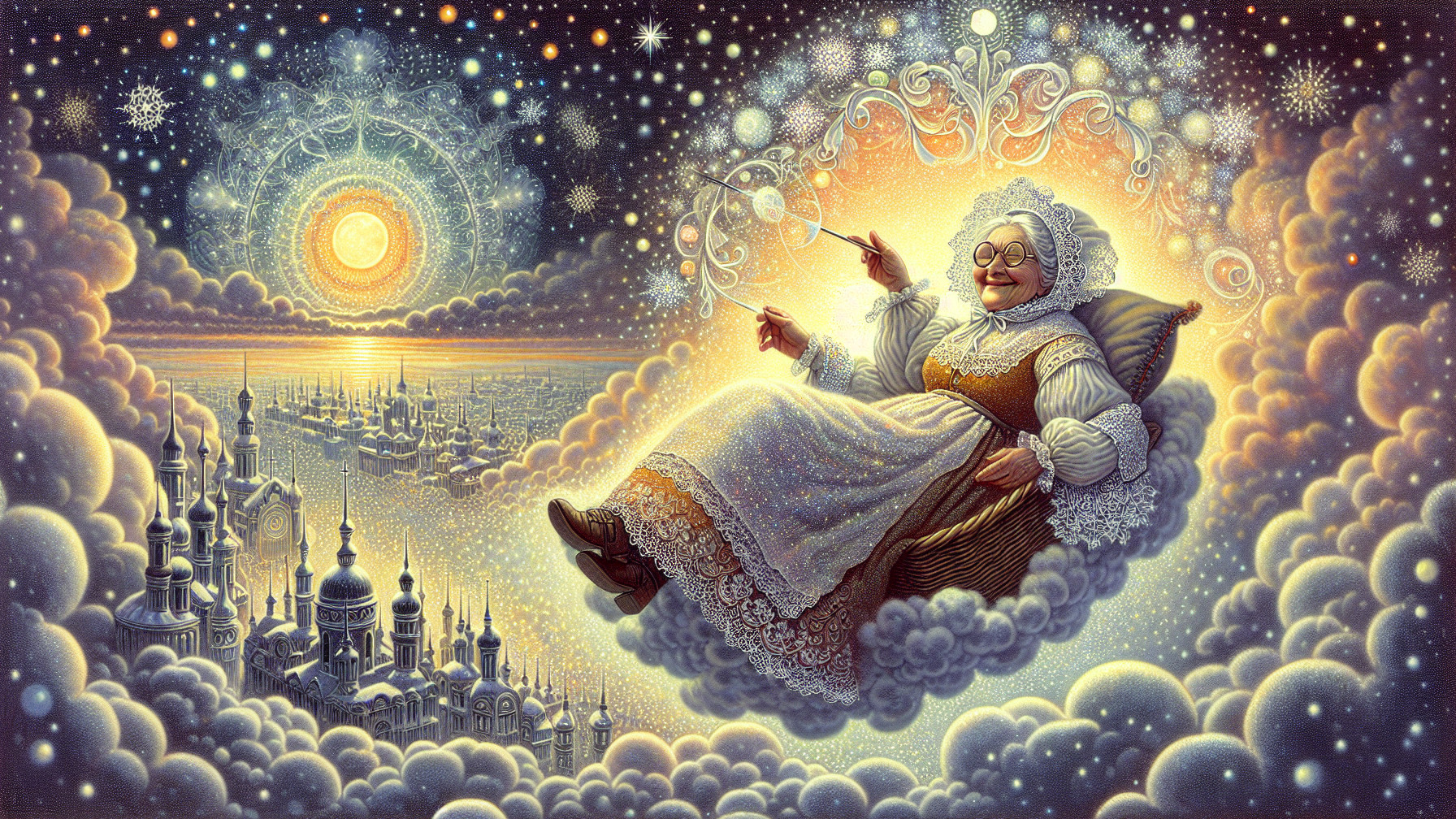 Cheerful Grandmother Knitting on a Cloud with Stars