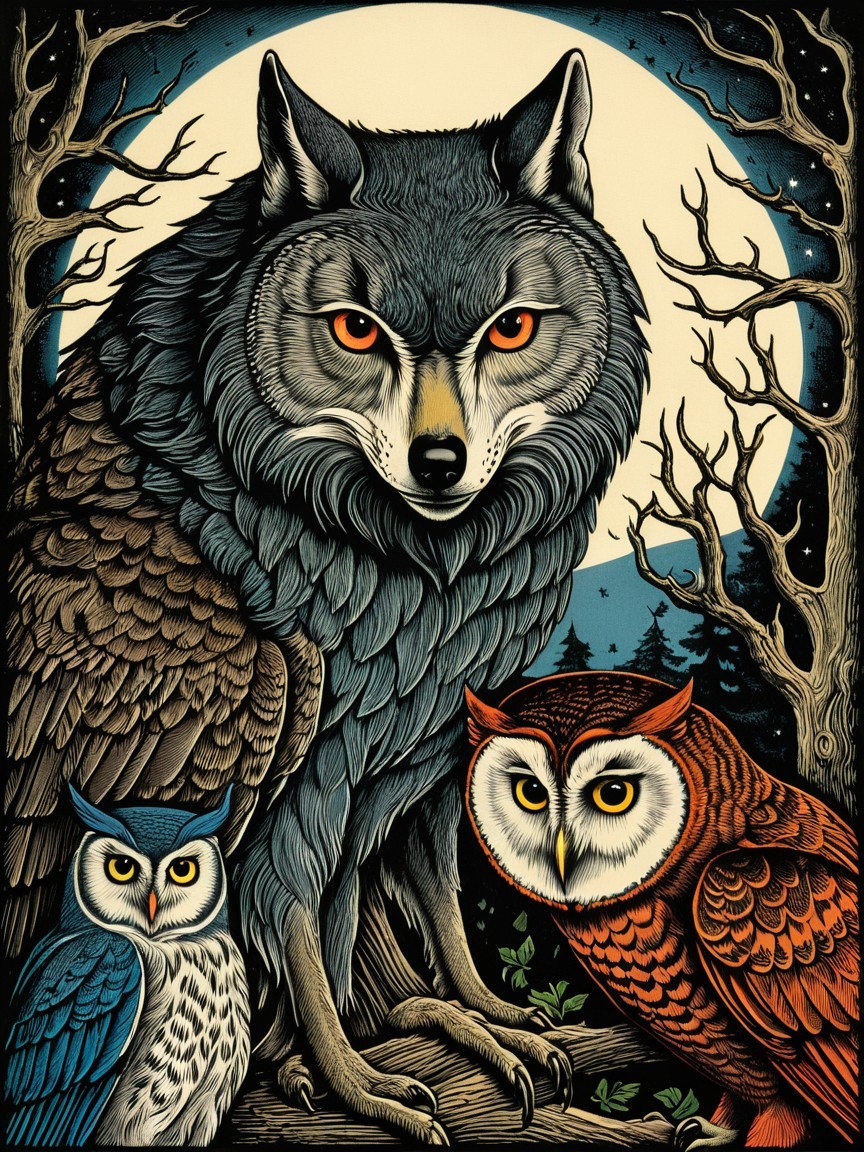 Majestic wolf and owls under a full moon illustration