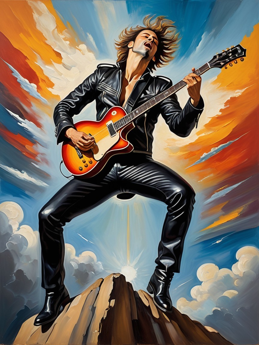 Guitarist Playing on Rocky Peak with Vibrant Clouds