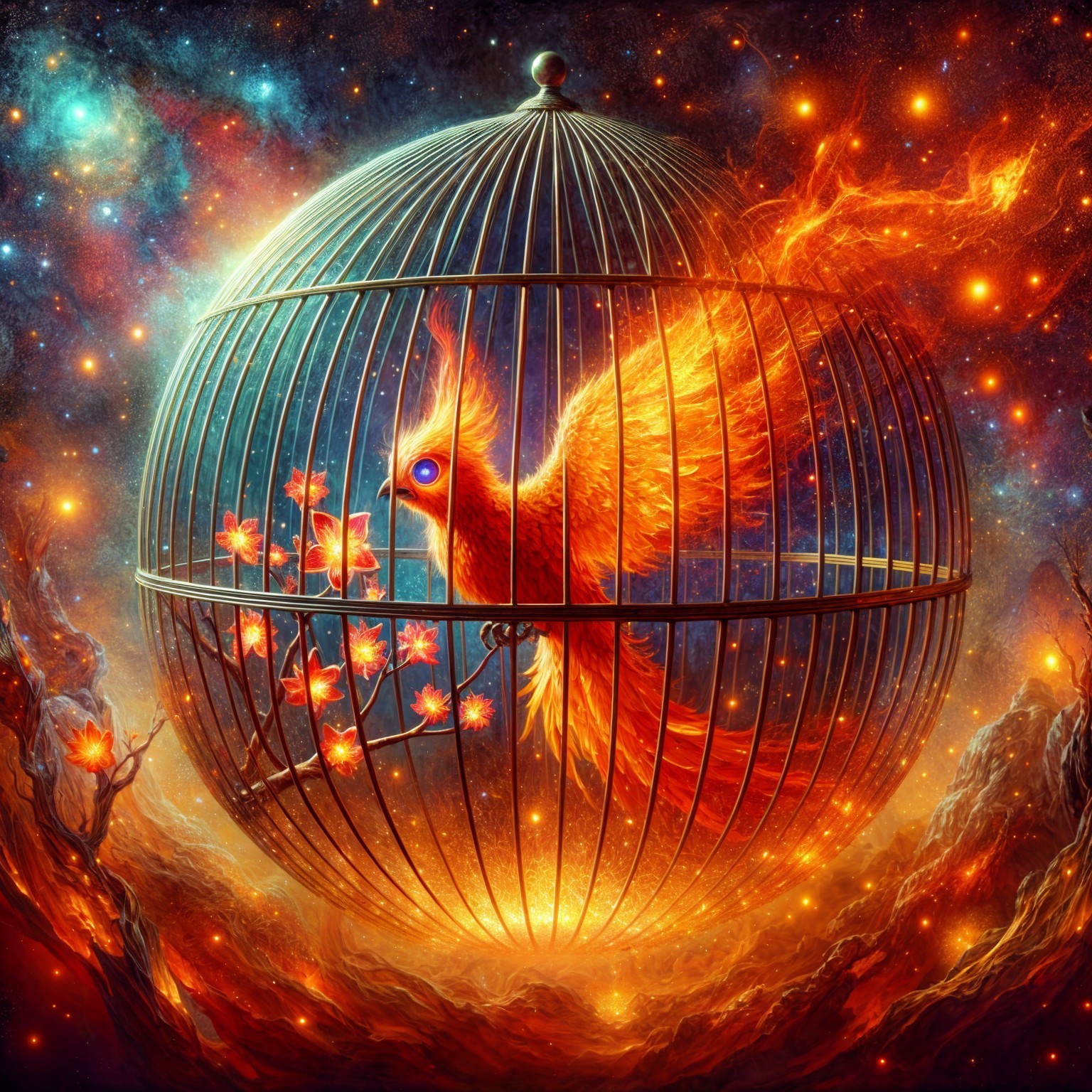 Phoenix in Flames Within a Metallic Cage in Cosmic Scene