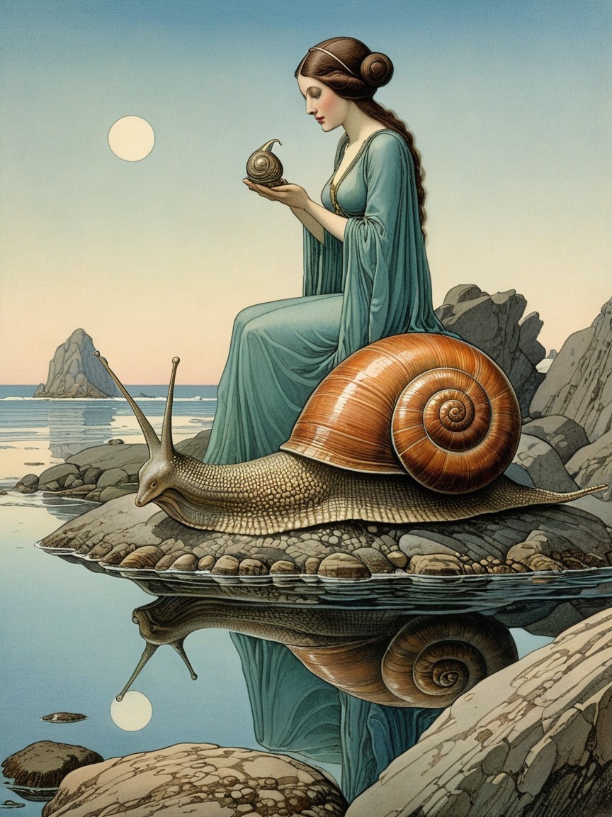 Woman in Teal Dress Sitting on Snail by Water's Edge