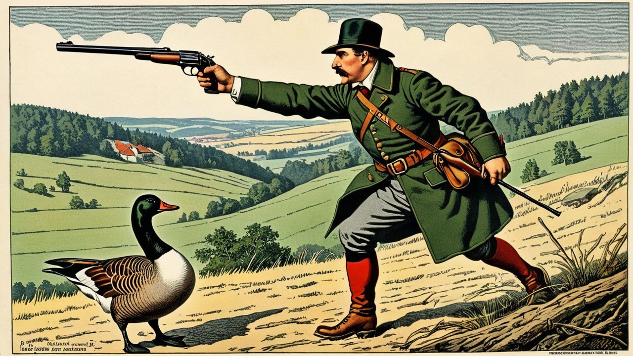 Vintage illustration of a hunter aiming at a goose