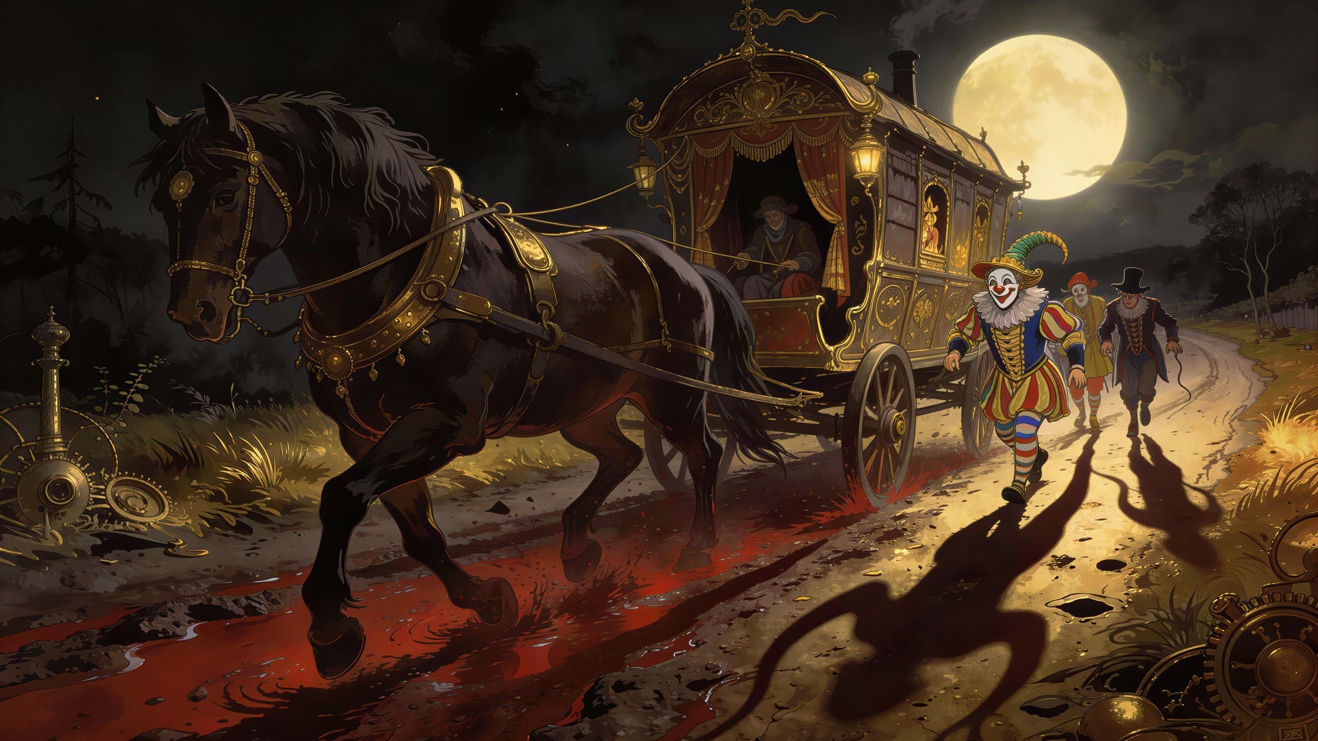 Dark Circus Scene with Horse and Eerie Figures