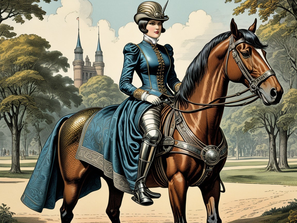 Regal Woman in Blue Riding Outfit on Brown Horse