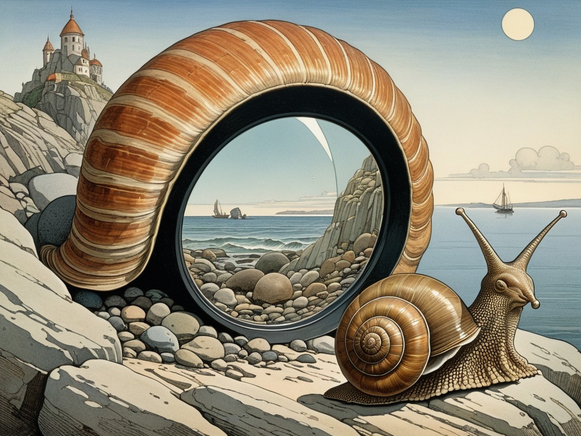 Surreal Landscape with Giant Snail Shell and Castle