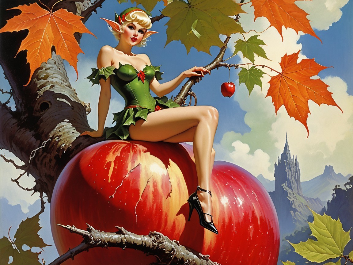 Fairy-like Woman on Giant Red Apple in Fantasy Setting