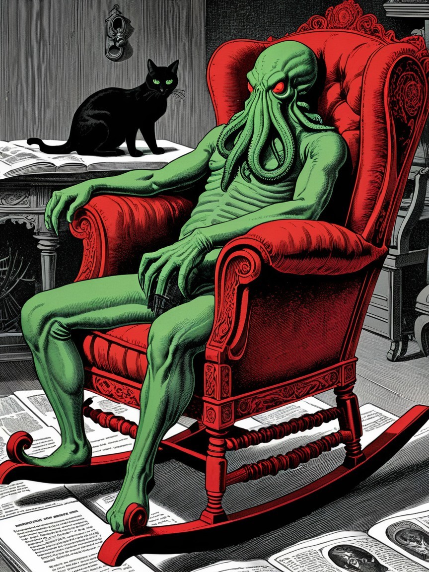 Surreal Scene with Tentacled Creature in Armchair