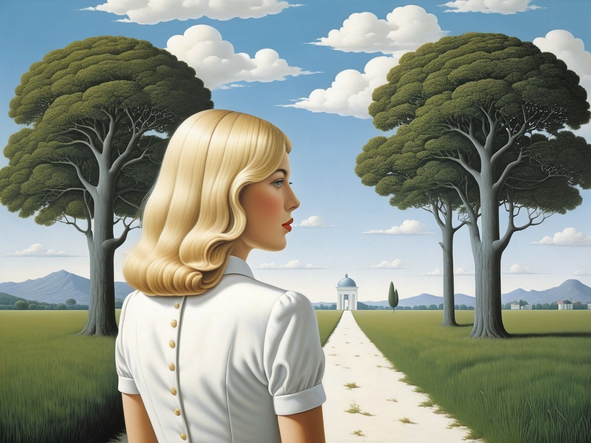 Young Woman Gazing at Distant White Building in Nature