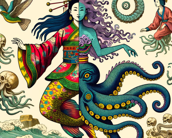 Mythical Figure with Asian Woman and Turquoise Being