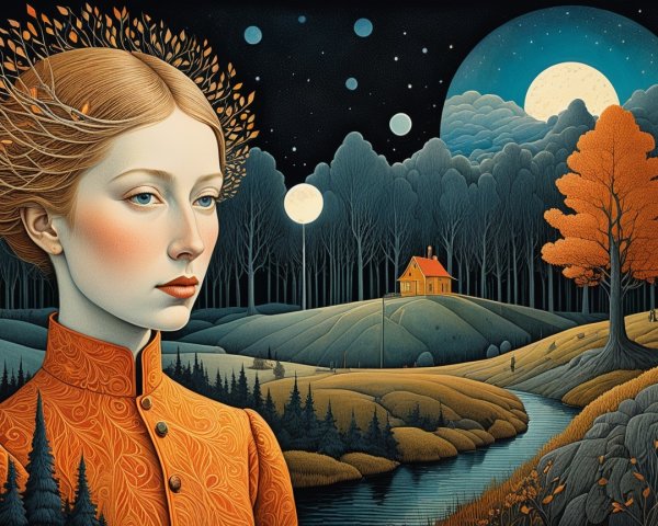 Serene landscape with woman in ornate orange dress
