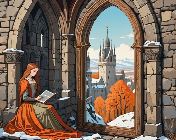 Red-haired woman in medieval dress reading by a window