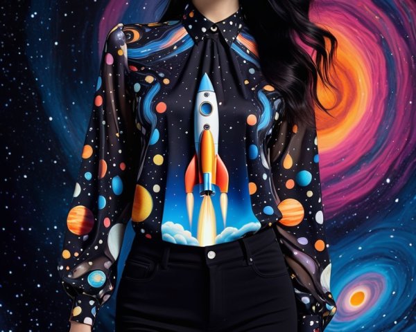 Vibrant Cosmic Blouse with Black High-Waisted Shorts