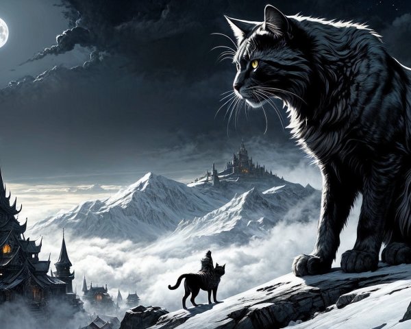 Majestic Black Cat Overlooking Mystical Landscape