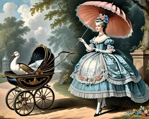 Vintage Scene with Woman in Blue Gown and Parasol