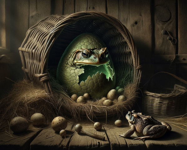 Cracked Green Egg in Barn with Hatching Frog Face