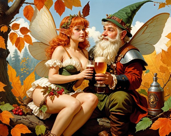 Fairy and Gnome Enjoying Drinks in Autumn Setting
