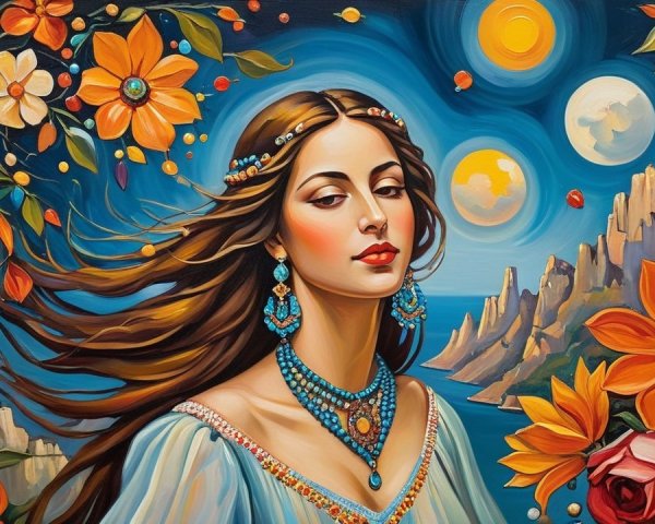 Vibrant Portrait of Woman with Flowers and Celestial Scene