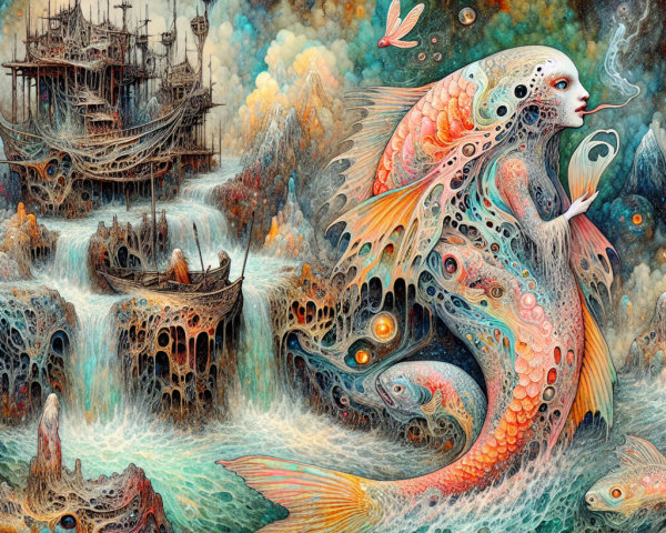 Surreal Landscape with Fish-Woman and Fantasy Elements
