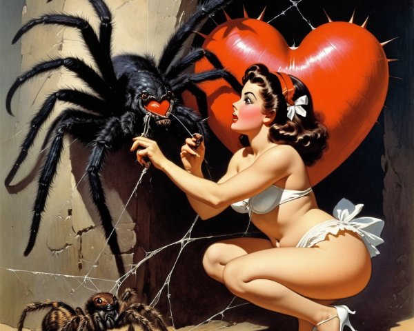 Whimsical Scene with Woman and Cartoonish Giant Spider