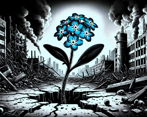 Blue Flower in Post-Apocalyptic Landscape with Debris