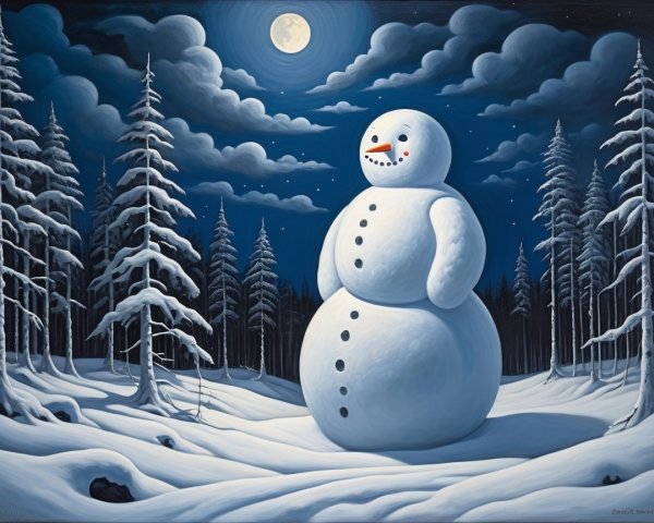 Whimsical Snowman in Serene Winter Landscape at Night