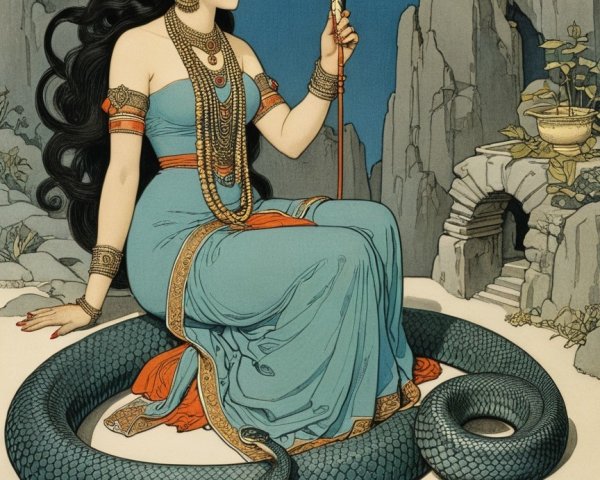 Regal woman on serpent in blue gown and crown