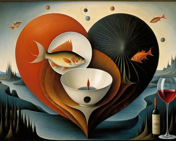 Surreal Landscape with Heart Shape and Abstract Elements