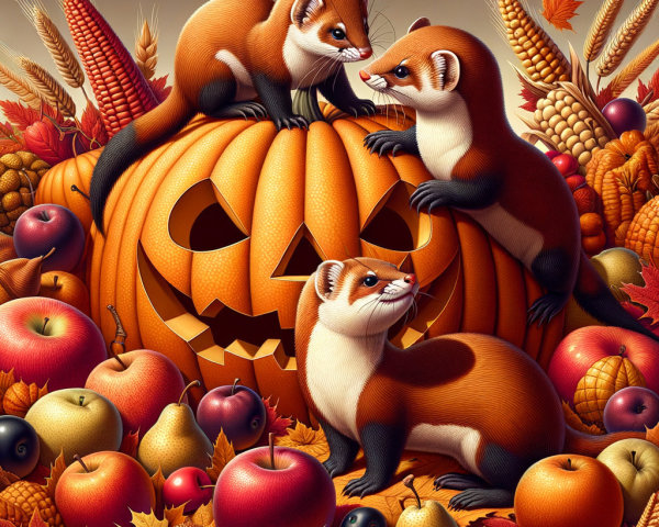 Playful Ferrets on a Carved Pumpkin in Autumn Scene