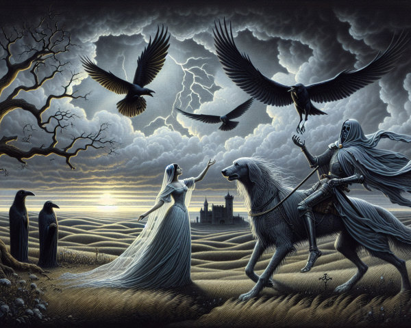 Dark Fantasy Landscape with Pale Woman and Wolf Creature