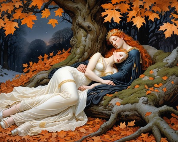 Ethereal Figures Resting Under Autumn Leaves