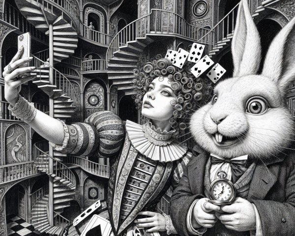 Surreal Black-and-White Scene with Woman and Rabbit