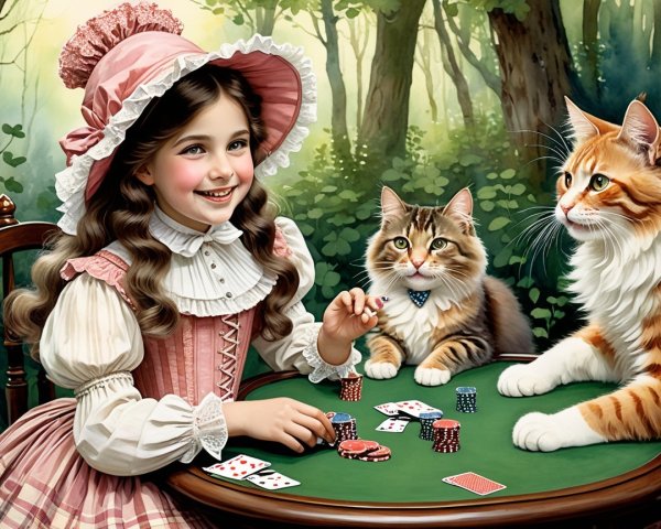 Young girl in vintage dress playing cards with cats