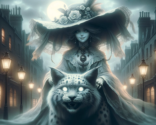 Mysterious Woman on Snow Leopard in Moonlit Street