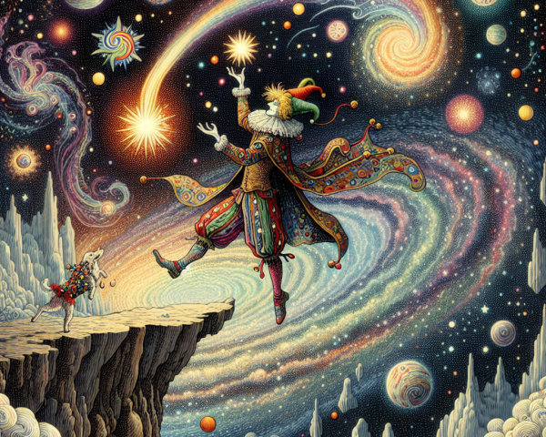 Whimsical jester on rocky outcrop under cosmic skies