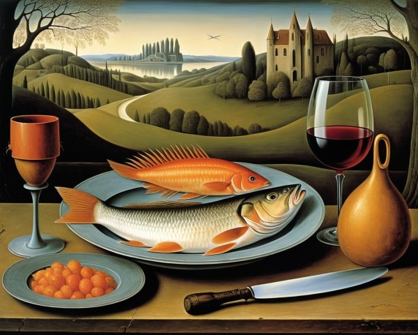 Still Life with Fish, Wine, and Scenic Background