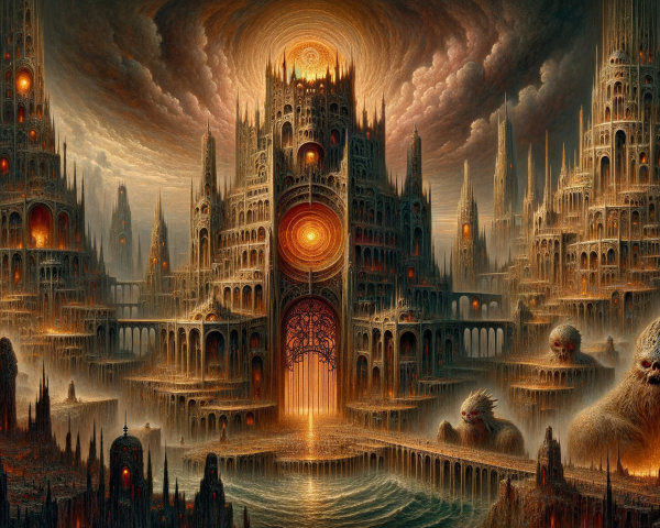 Surreal Landscape with Castle-Like Structures and Light