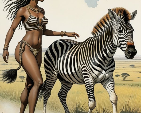 Confident Woman in Tribal Attire with Zebra in Savannah