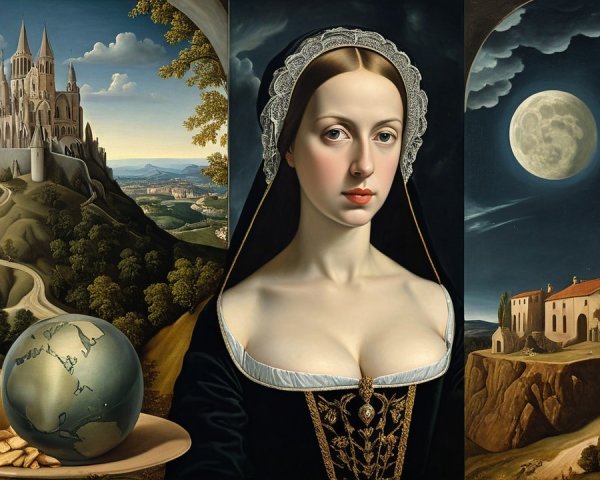 Triptych with Castle, Portrait, and Moonlit Church Scene