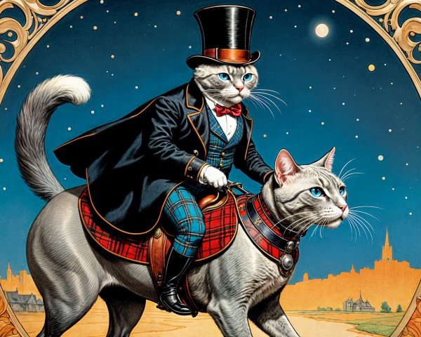 Whimsical Illustration of Cats in a Starry Night Scene