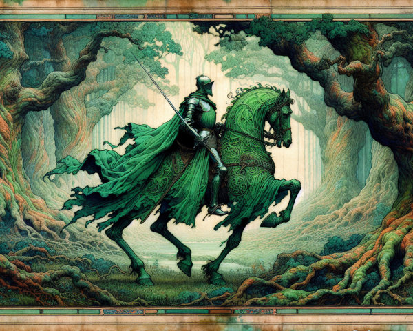 Green Knight in Armor Riding Through Enchanted Forest