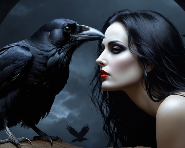 Gothic Scene with Woman and Raven Under Ominous Clouds
